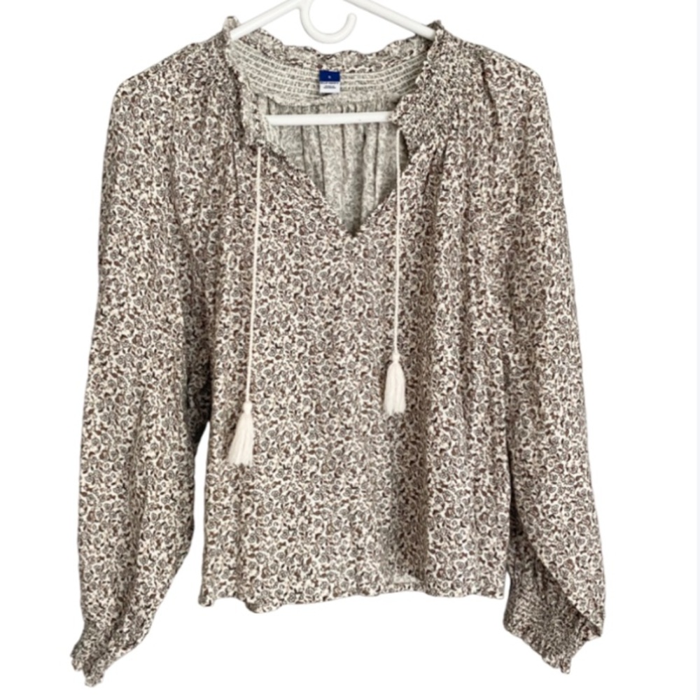 NWT Old Navy Oversized Long-Sleeve Smocked Linen-Blend Top Blouse Top Small